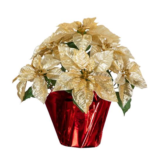 Nearly Natural 18" Gold Lush Velvet Artificial Poinsettia Arrangement in Red Wrapped Planter